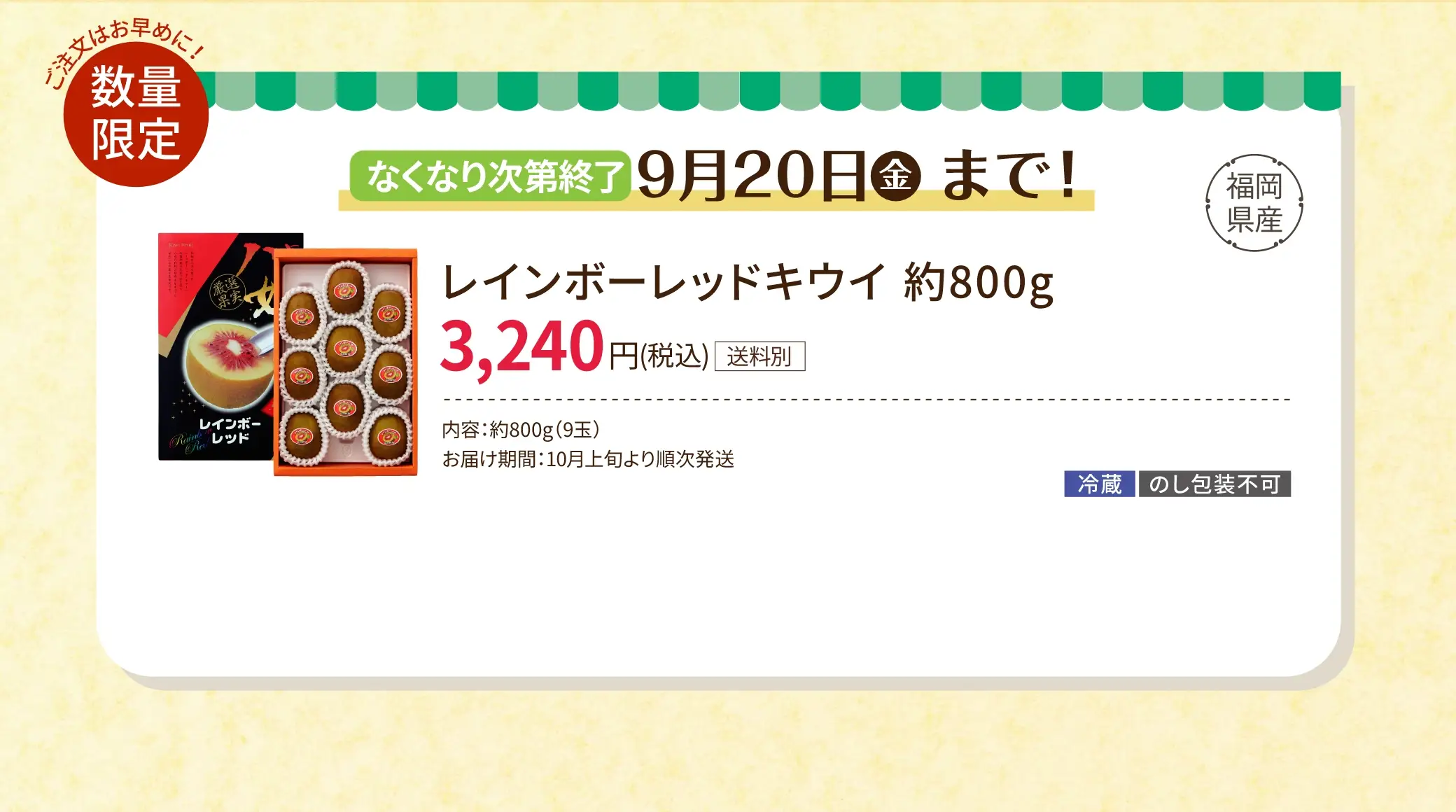 数量限定！なくなり次第終了！9/20(金)まで！レインボーレッドキウイ 約800g 3,240円(税込/送料別)